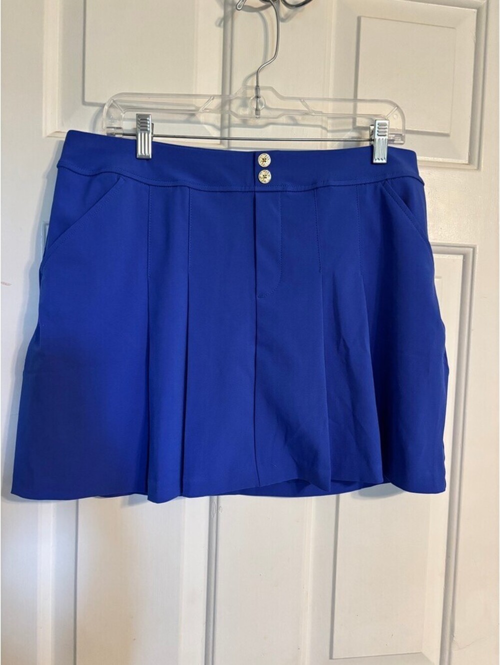 Lilly Pulitzer Luxletic Thera Golf Skort Blue Gold Buttons Size 12 UPF 50+